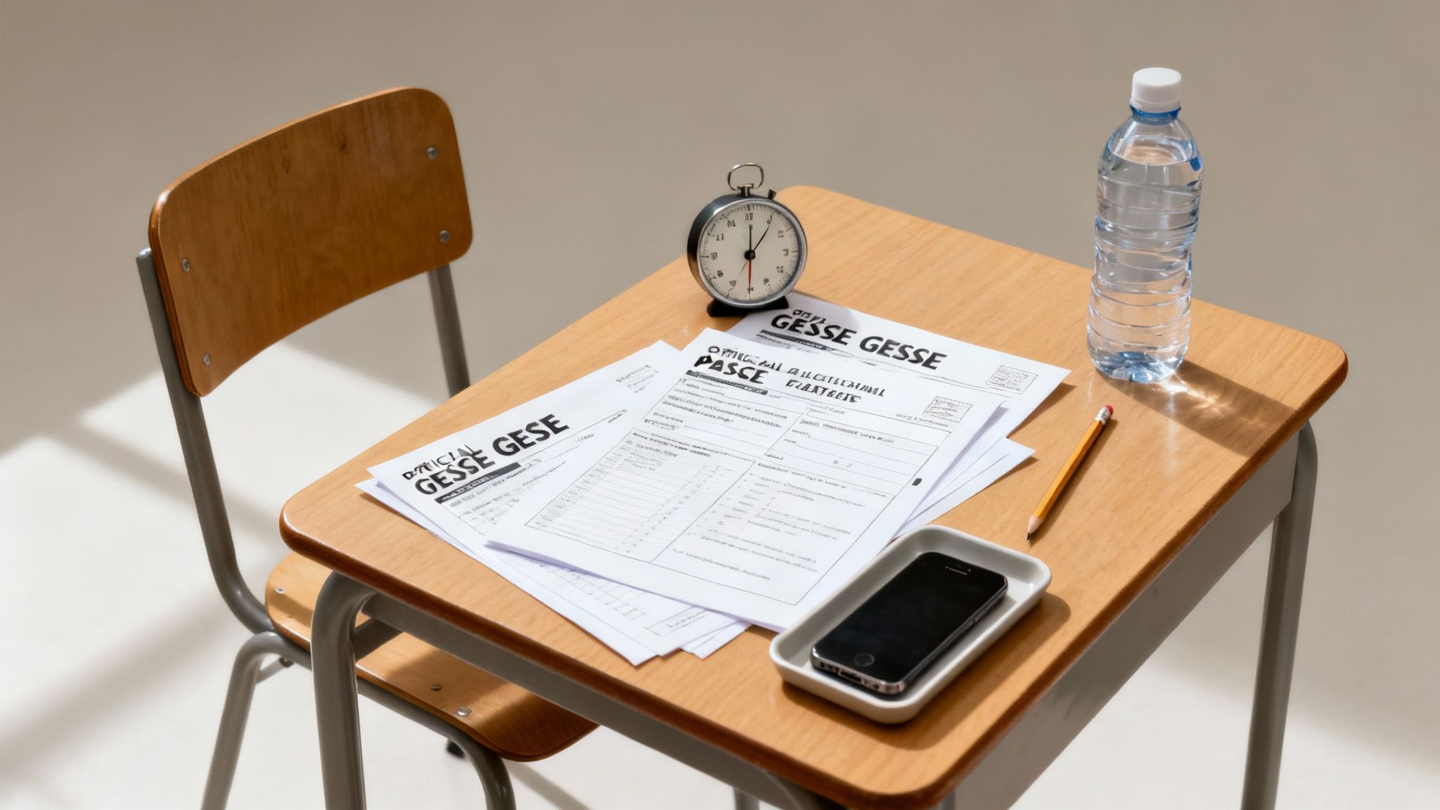 A student desk is set up for an exam with papers, a timer, water, a pencil, and a smartphone.