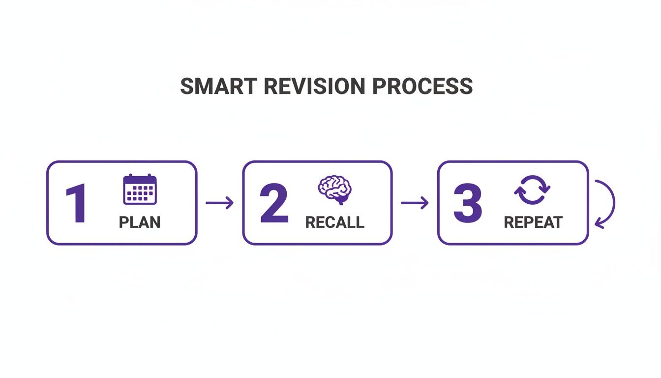 A diagram illustrating the SMART revision process with three steps: 1 Plan, 2 Recall, and 3 Repeat.