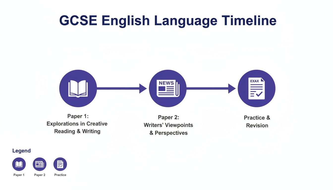 GCSE English Language timeline illustrating exam papers, creative writing, viewpoints, and revision process.