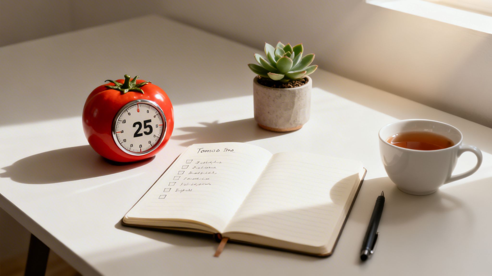 A brightly lit desk with a tomato timer, open notebook, pen, succulent, and tea cup.