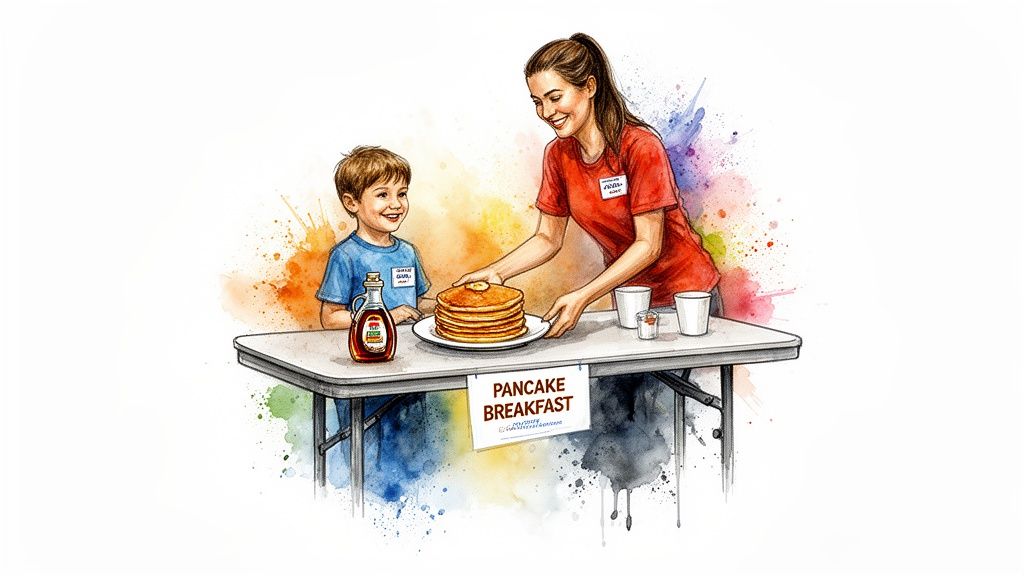 A smiling woman serves a stack of pancakes to a happy boy at a table with a "Pancake Breakfast" sign.
