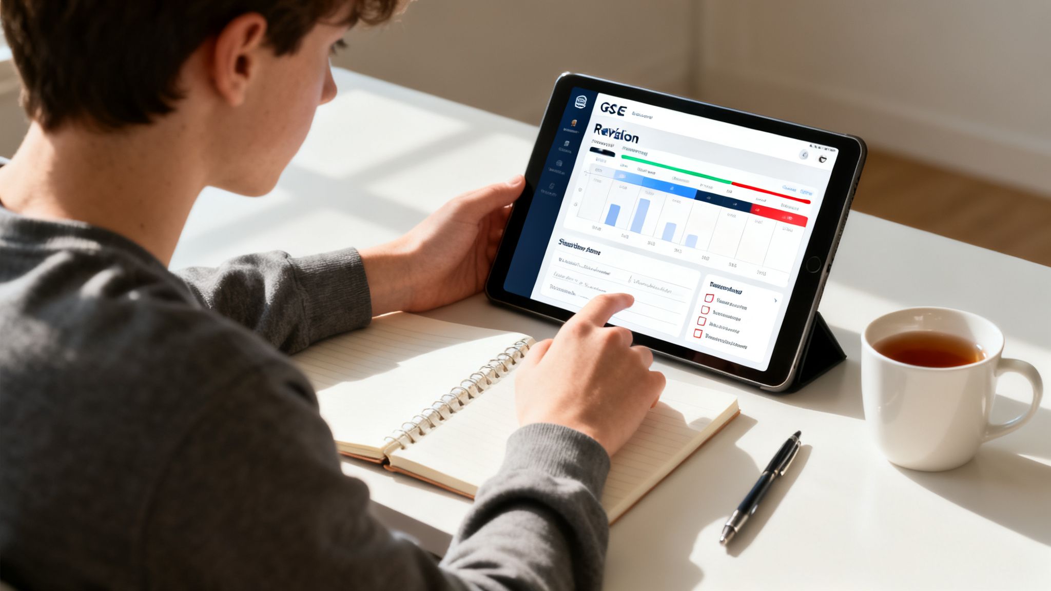 A young person uses a tablet displaying a revision app while studying with a notebook and tea.