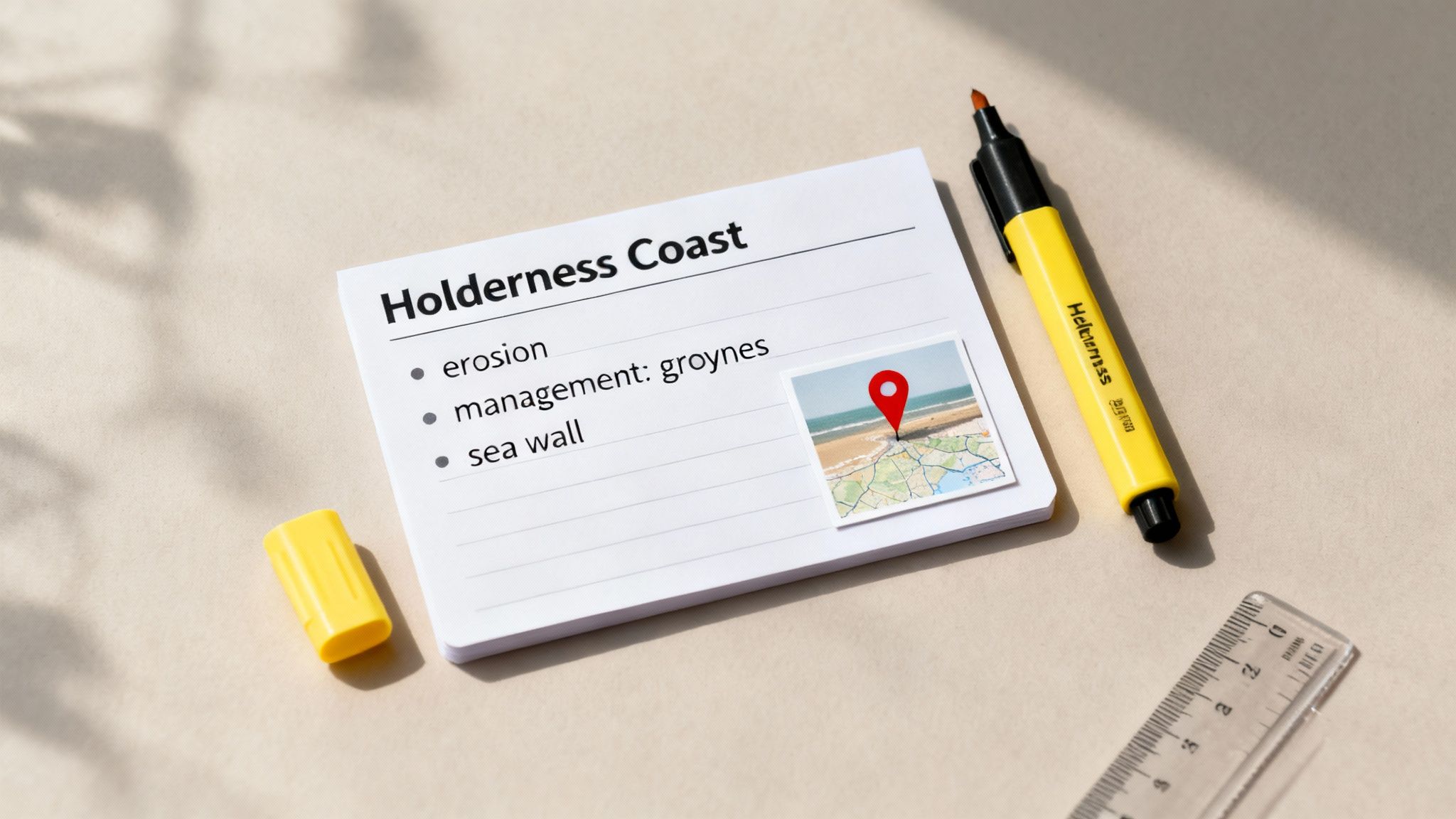 A notepad with notes about Holderness Coast, erosion, groynes, and sea walls, next to a map, highlighter, and ruler.
