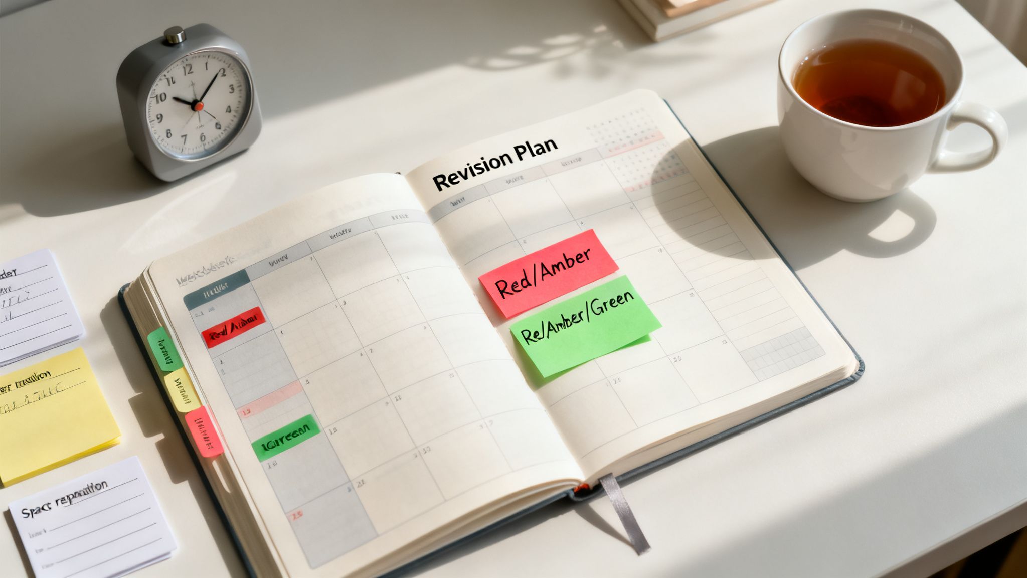 An open planner displaying a 'Revision Plan' with red and green sticky notes, an alarm clock, and a cup of tea on a desk.