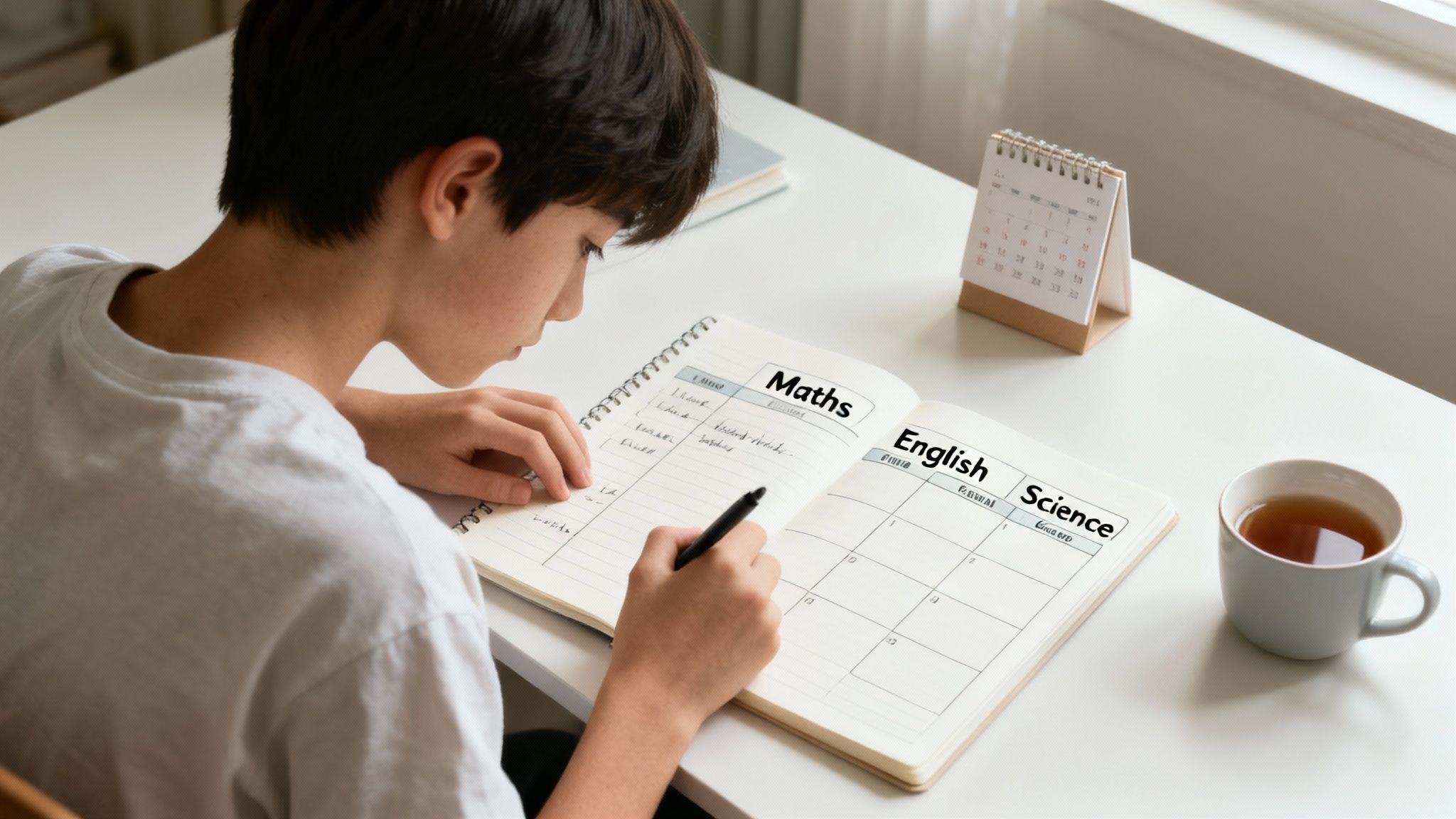 A young student diligently writing in a study planner for Maths, English, and Science subjects.