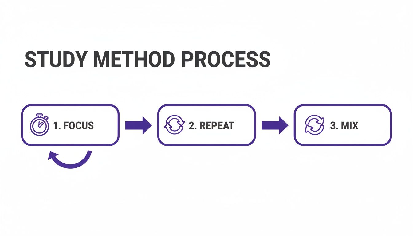 A diagram outlines the study method process with three steps: Focus, Repeat, and Mix, including a loop.