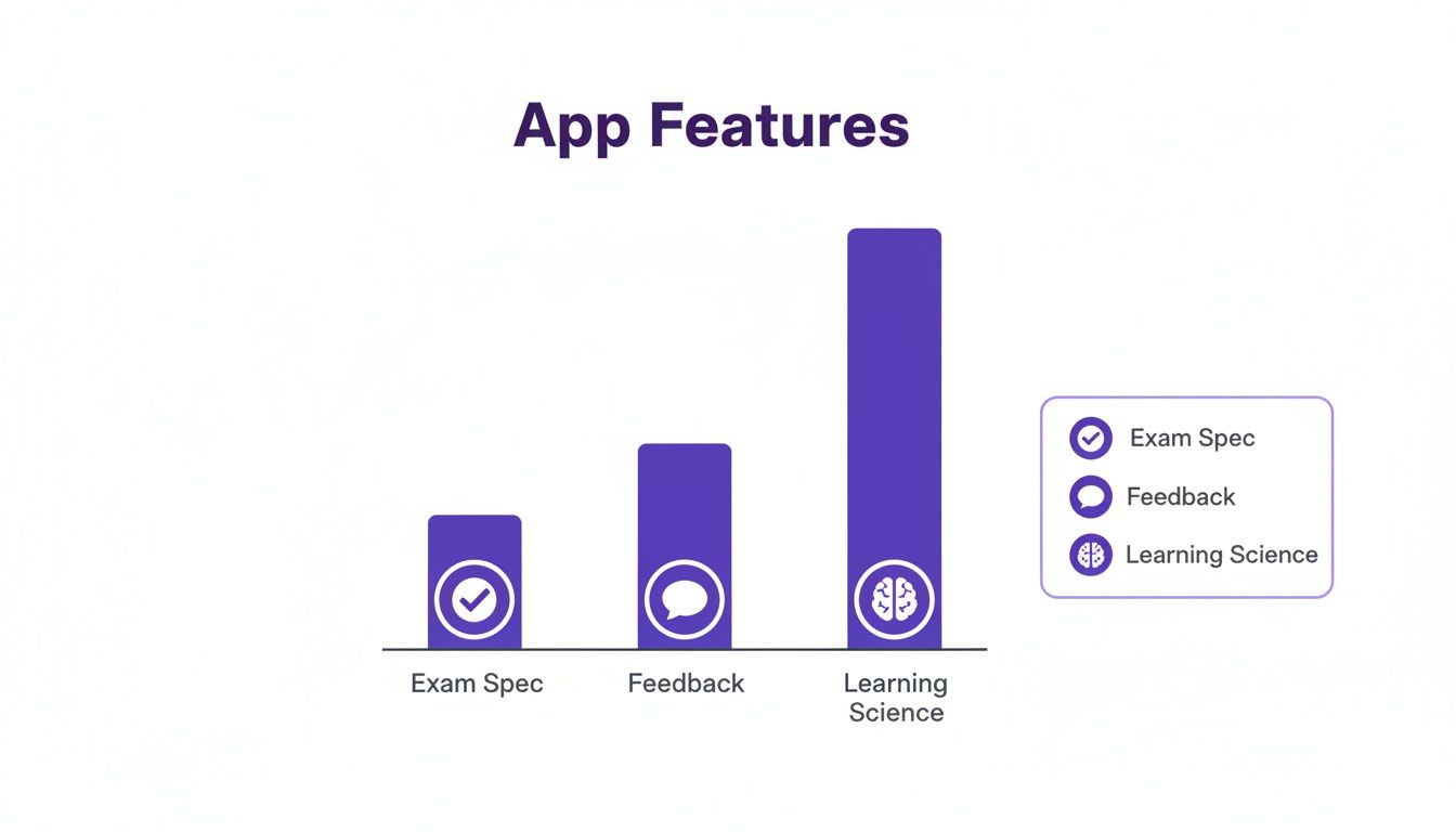 Bar chart displaying app features: Exam Spec, Feedback, and Learning Science, with Learning Science highest.