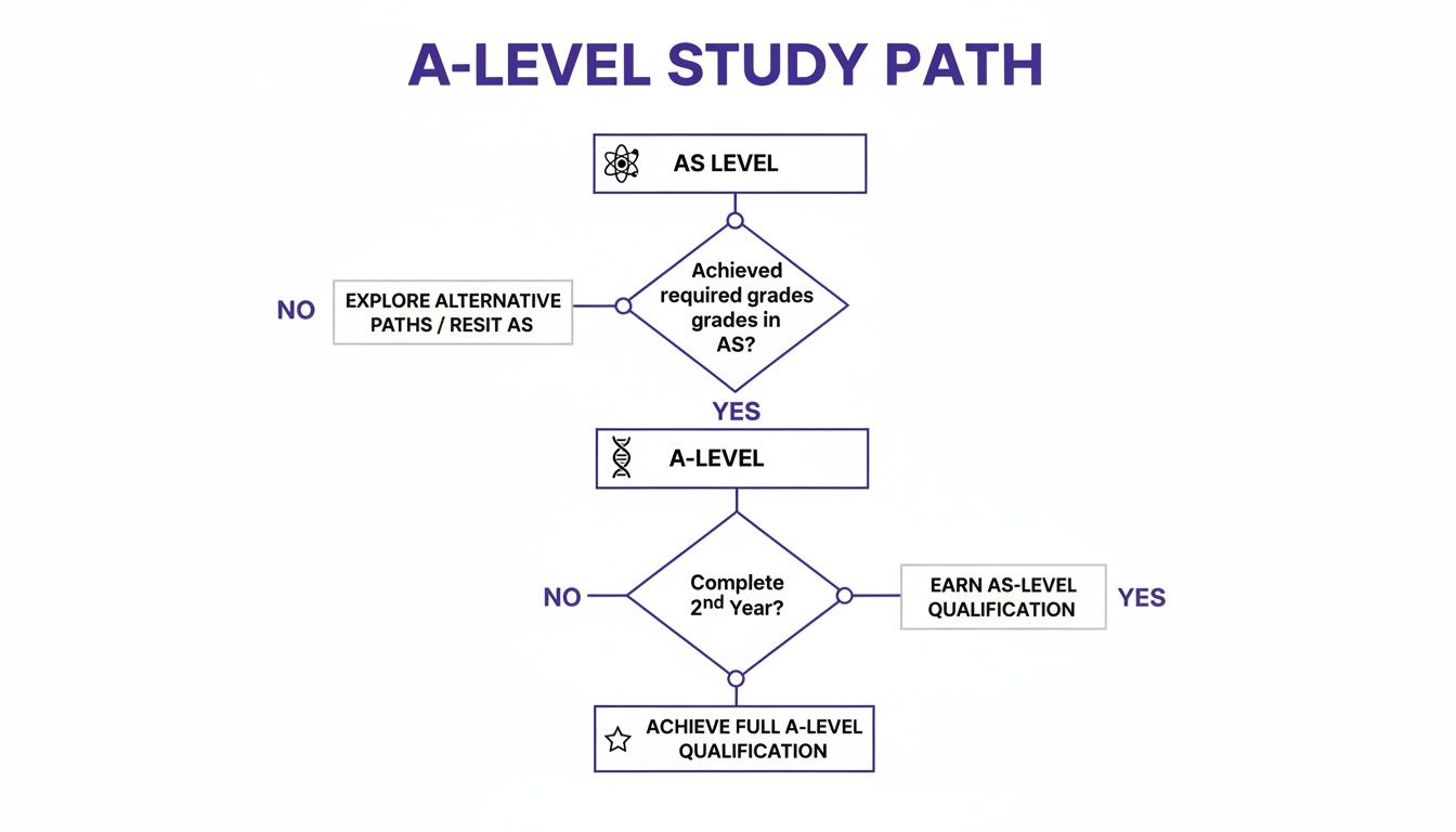 A-Level study path flowchart, illustrating steps from AS Level to full A-Level qualification or alternative paths.