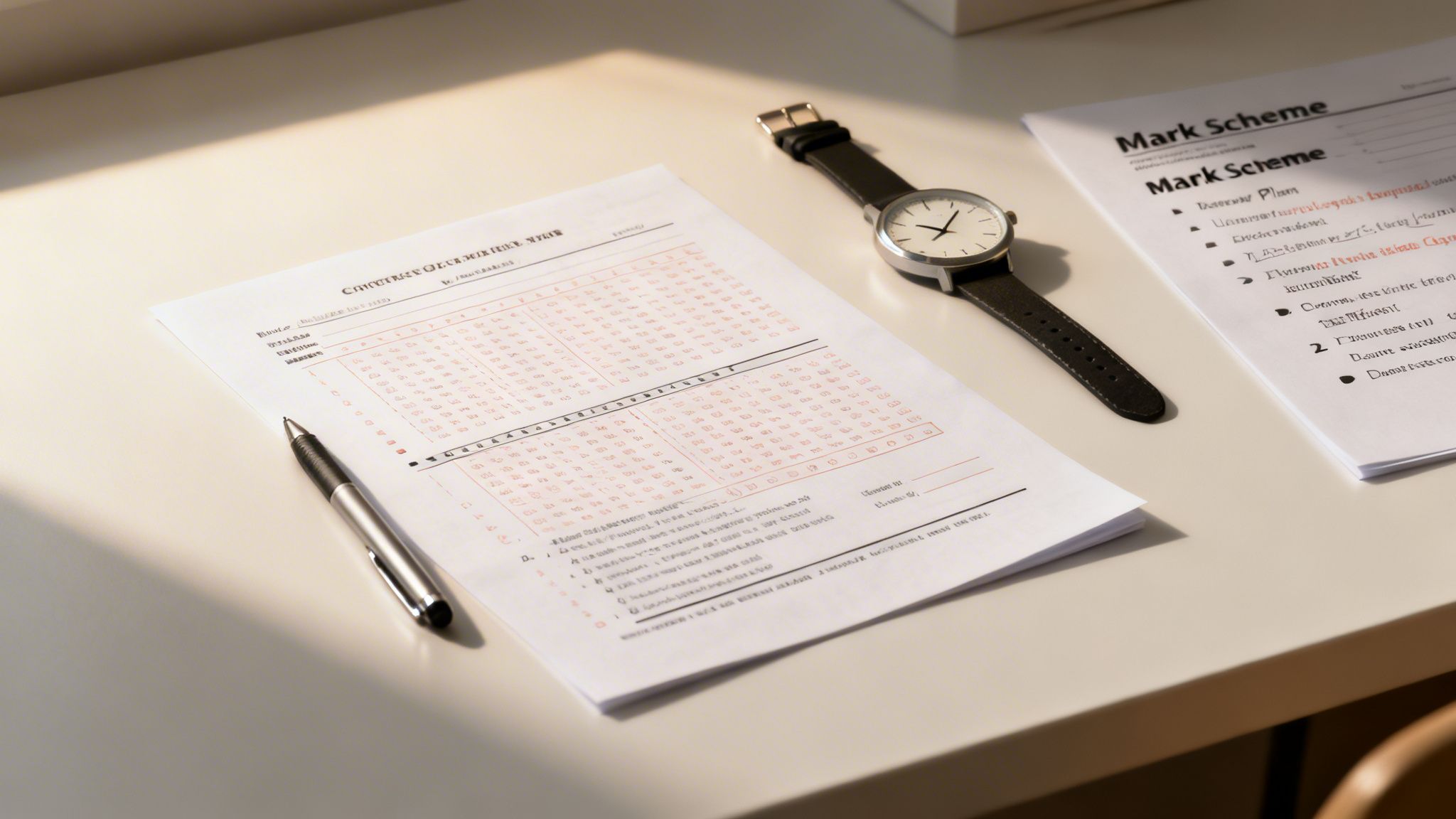 A desk with an exam paper, pen, watch, and mark scheme, suggesting a study session.
