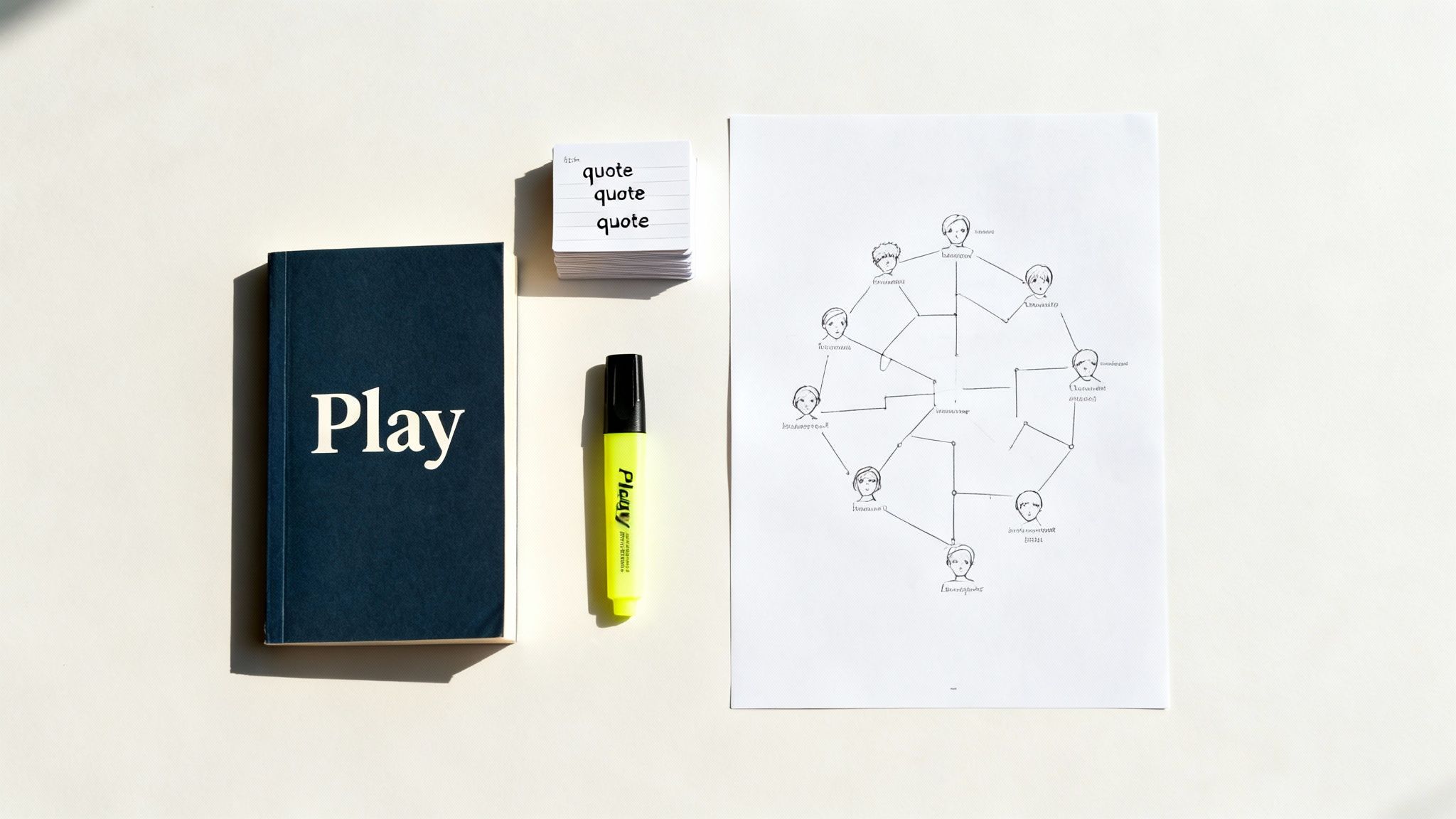 A flat lay of study materials including a 'Play' book, flashcards, a highlighter, and a diagram.