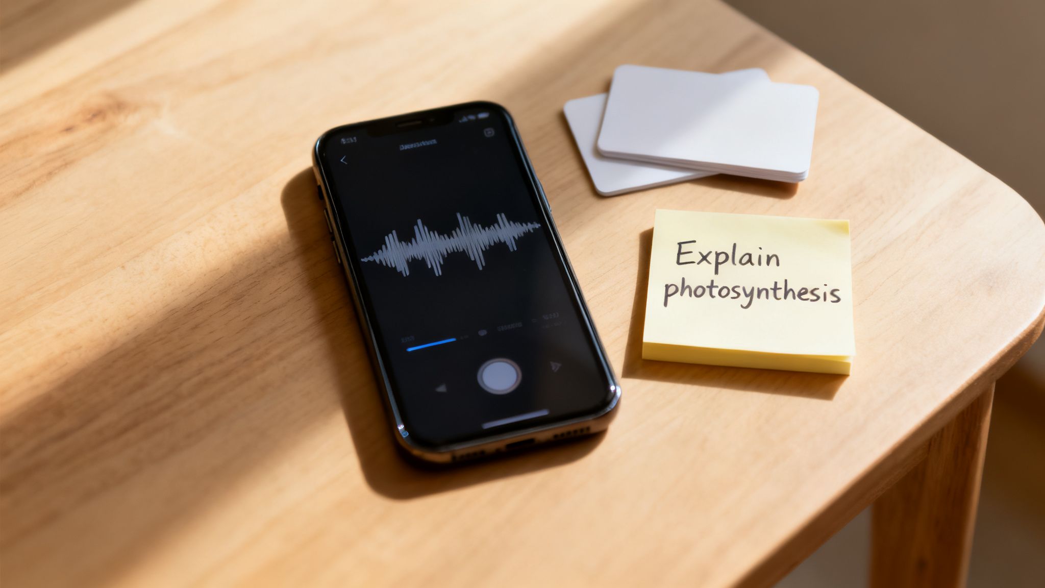 A smartphone on a wooden table displays a voice recording, beside a sticky note asking about photosynthesis.