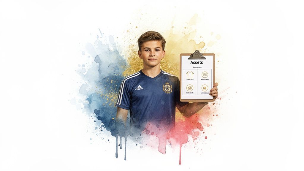 A young boy in a blue soccer jersey holds a clipboard listing 'Assets' for sponsorship.