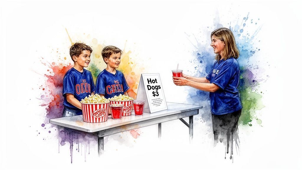 Two boys selling popcorn and drinks at a fundraiser stand to a smiling woman.
