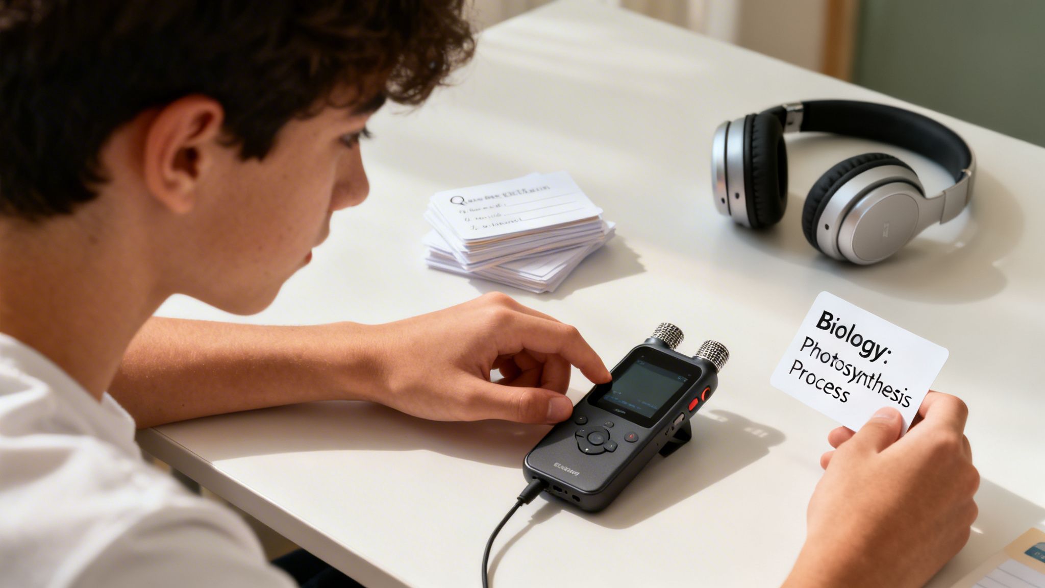 A student uses a digital recorder and flashcards to study biology, with headphones nearby.