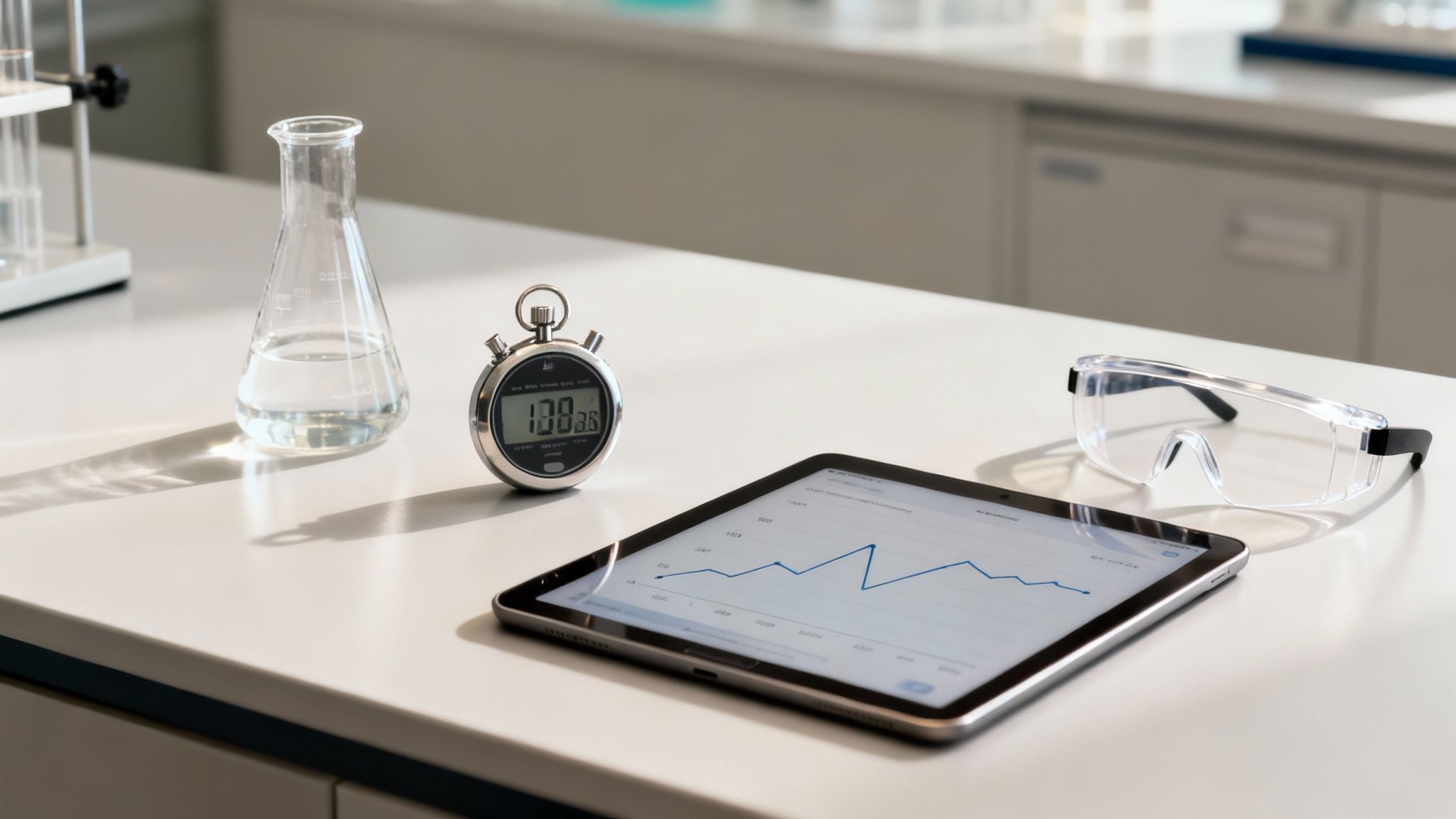 Scientific experiment setup: lab flask, stopwatch, tablet with data graph, and safety glasses.