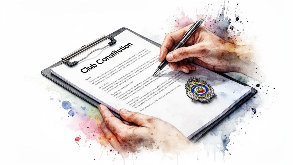 A person's hands signing a 'Club Constitution' document on a clipboard, with a badge.