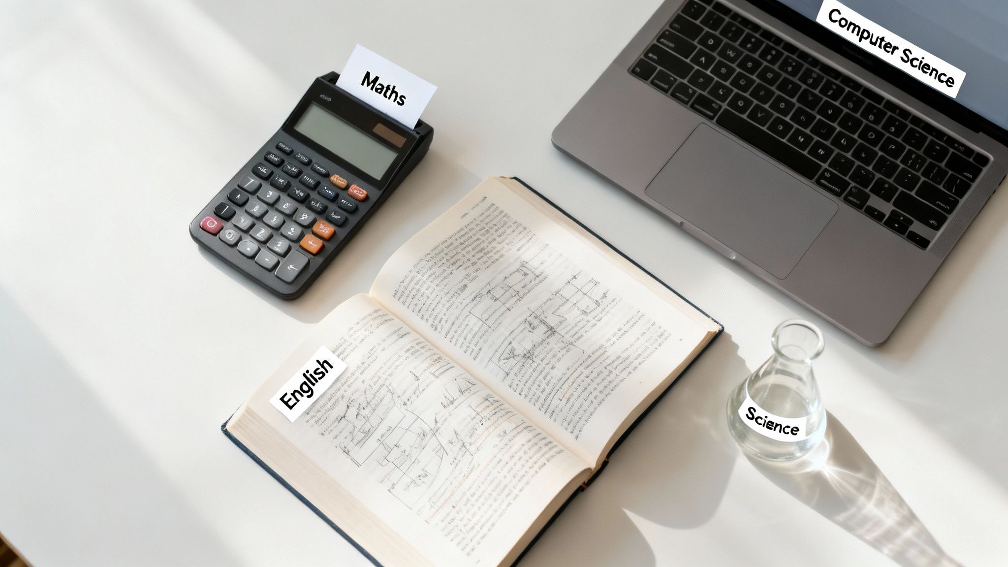 A study desk flat lay with objects representing various school subjects: Maths, English, Computer Science, and Science.
