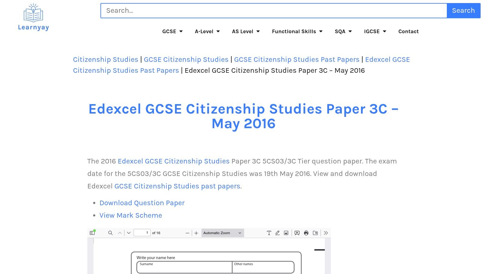 Learnyay – Edexcel GCSE Citizenship Studies past papers (legacy)