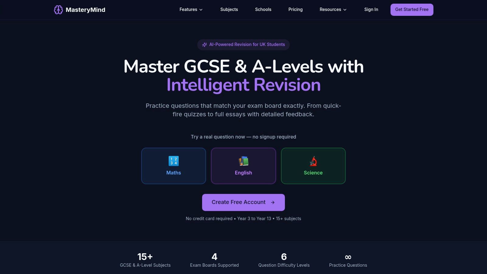 A screenshot of the MasteryMind platform showing a student's revision dashboard with progress tracking for various subjects.