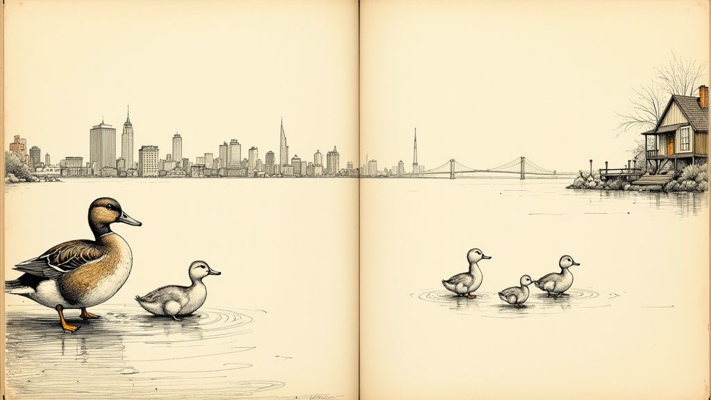 A sepia-toned illustration from 'Make Way for Ducklings' showing Mrs. Mallard leading her eight ducklings in a line across a street.