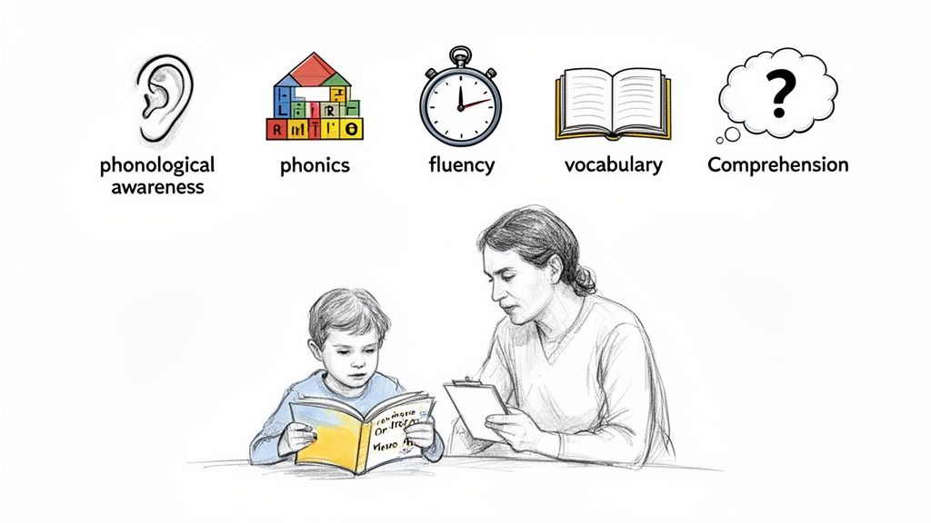 A diagram illustrating the five pillars of reading: phonological awareness, phonics, fluency, vocabulary, and comprehension, with a woman teaching a child to read below.