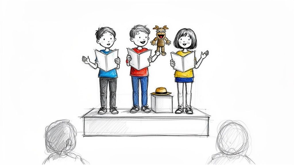 Three children reading books on a stage, with a puppet and hat, performing for an audience.