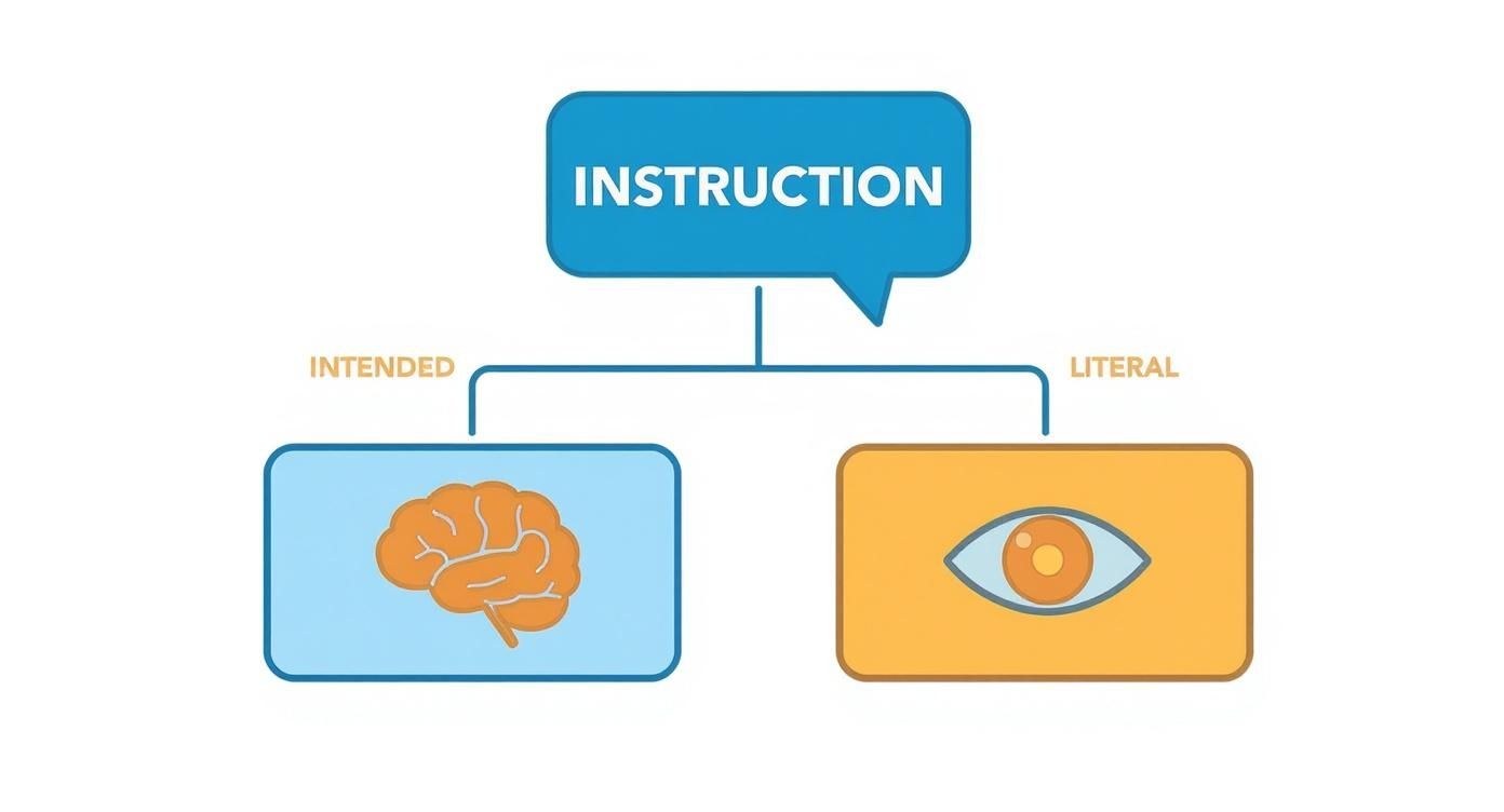 An infographic illustrating how a single instruction can have both an intended and a literal meaning, which is the core concept behind Amelia Bedelia's humor.