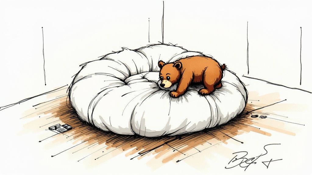 A teddy bear in green corduroy overalls looking at his missing button.