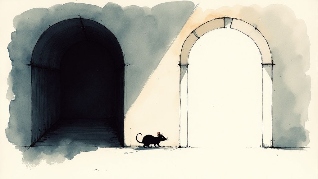 A dark dungeon with a single ray of light shining down