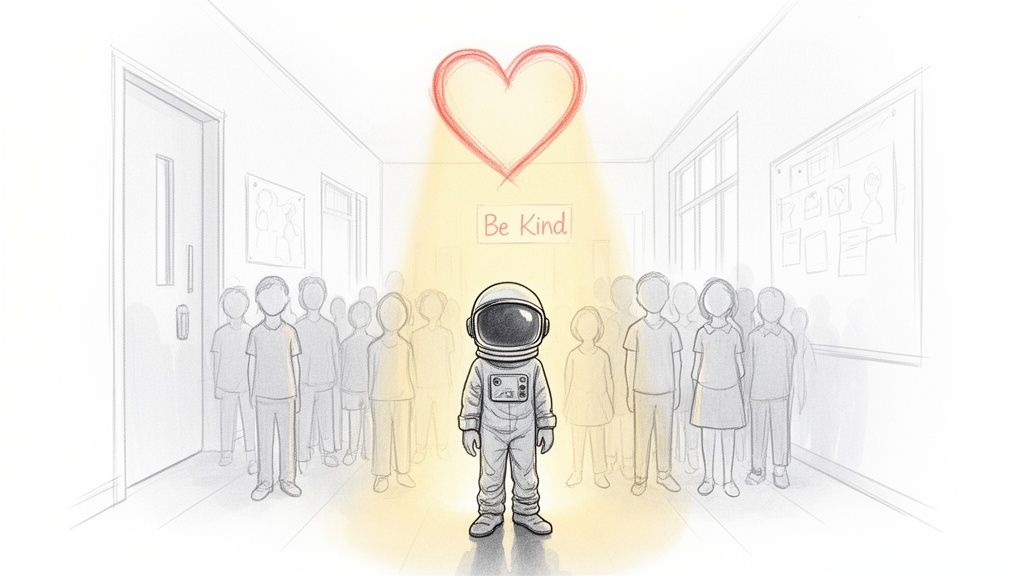 An astronaut child stands illuminated by a 'Be Kind' sign and heart in a school hallway.
