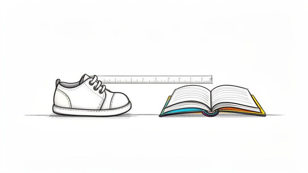 A simple sketch showing a white baby shoe, a ruler, and an open book, representing education.