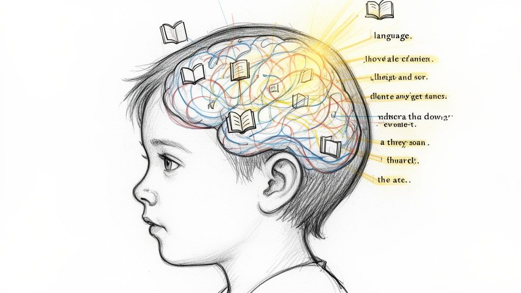 A child's head in profile showing a brain filled with colorful connections and books, symbolizing learning and language development.