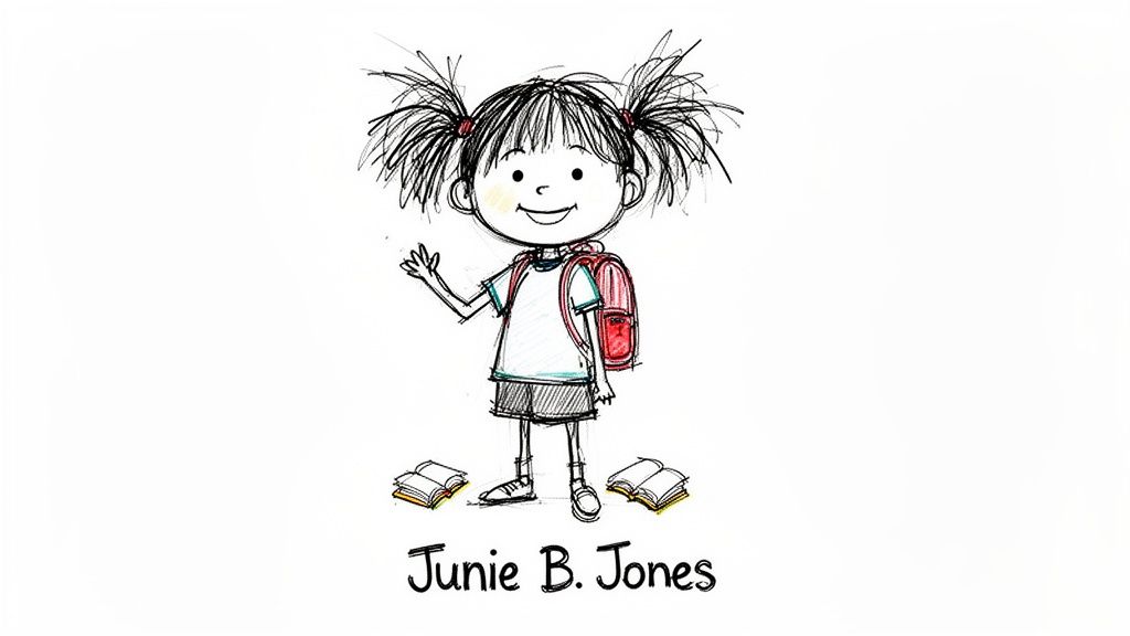 A cheerful cartoon drawing of Junie B. Jones, a smiling girl with pigtails, a backpack, and books.