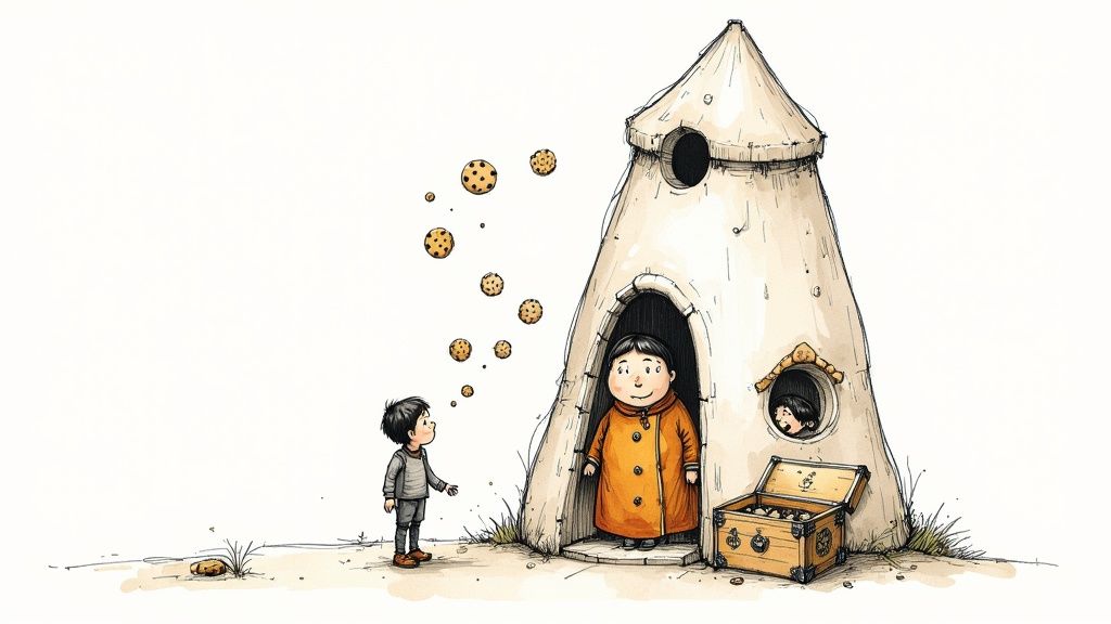 A whimsical illustration of a charming, quirky house, representing Mrs. Piggle-Wiggle's home.