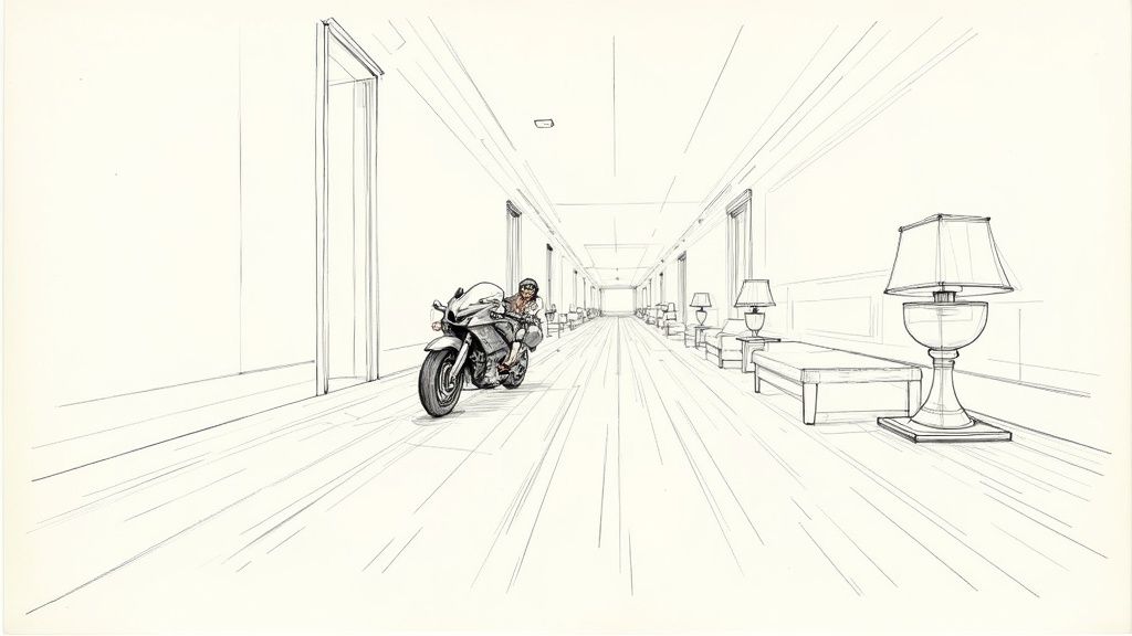 A small mouse riding a red toy motorcycle through a rustic hotel hallway, illustrating a scene from The Mouse and the Motorcycle.