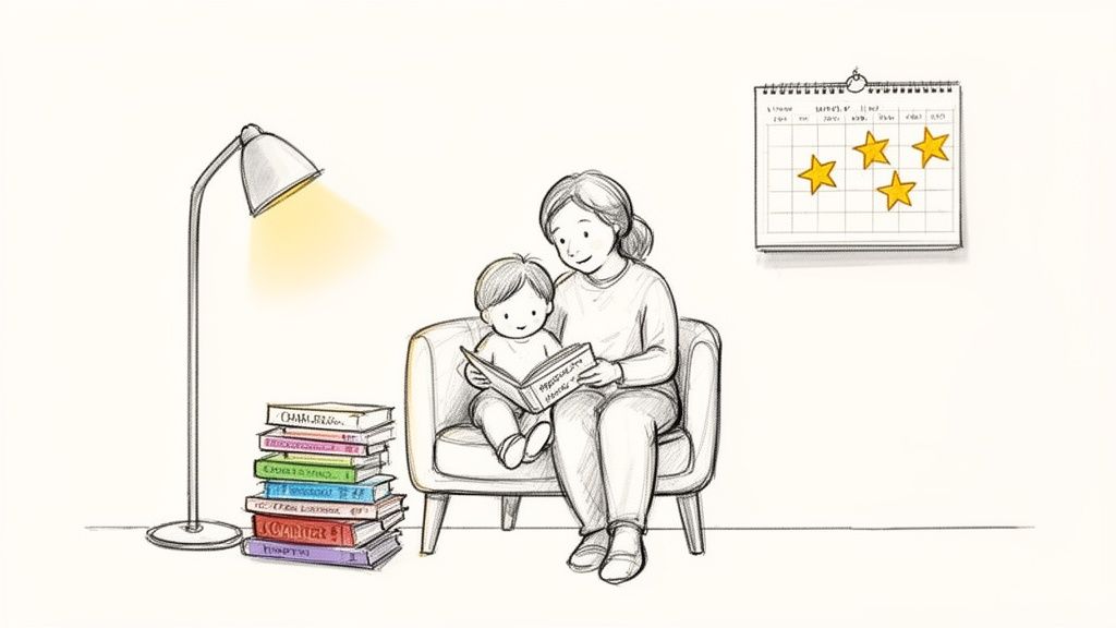 A mother and child share a book in a cozy setting with a lamp, highlighting a love for reading.