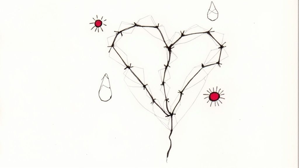 A black-and-white illustration of a china rabbit sitting on a wooden surface.