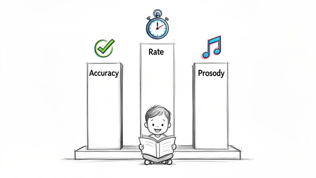 A child reads a book, flanked by pillars representing reading fluency components: accuracy, rate, and prosody.