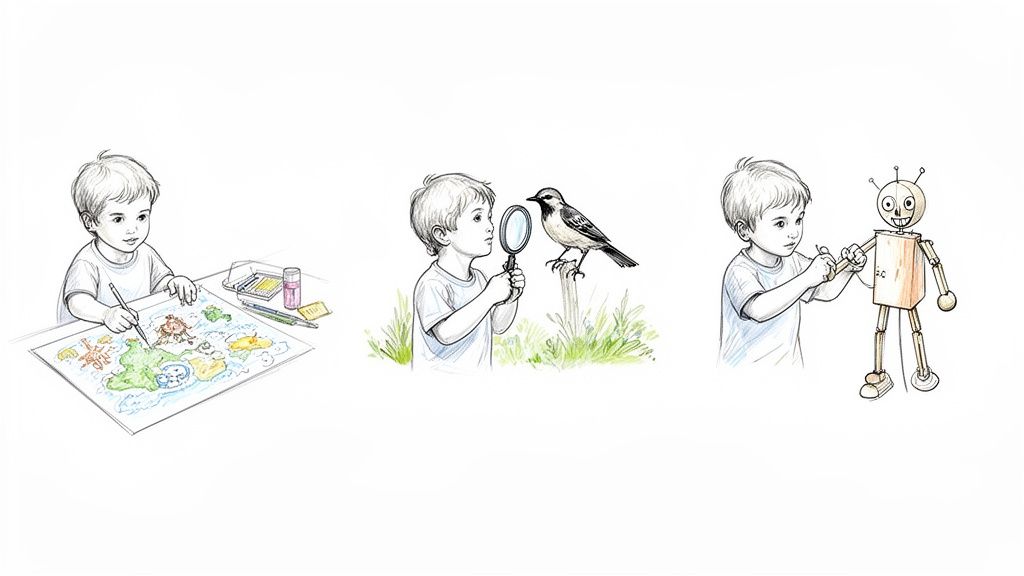 A young boy engaging in various learning activities: drawing a map, observing a bird, and playing with a robot.