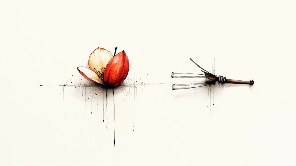 A solitary, budding apple blossom branch against a dusty, out-of-focus background, symbolizing hope amidst hardship.