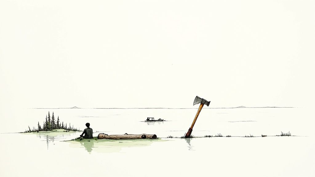 A minimalist drawing of a solitary figure sitting by water with an axe and a log.