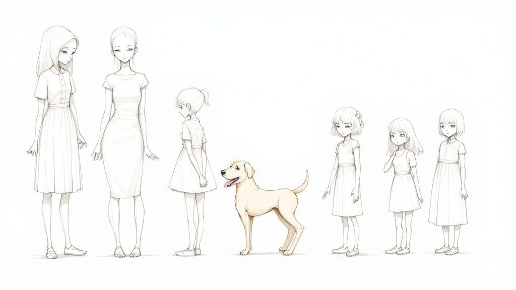 Illustration of Miss Clavel and the twelve little girls standing in two lines