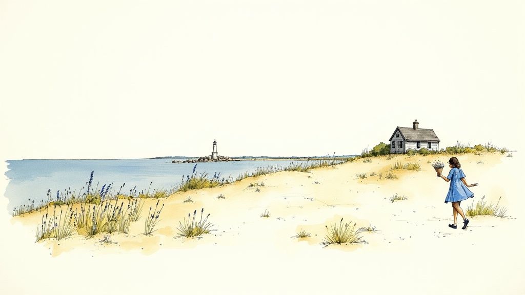 Young girl in blue dress walking on sandy beach path toward cottage and lighthouse