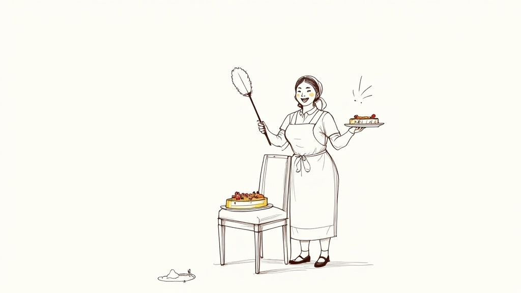 A charming illustration of Amelia Bedelia smiling warmly, holding one of her signature pies, showcasing her classic maid's uniform and flower-topped hat.