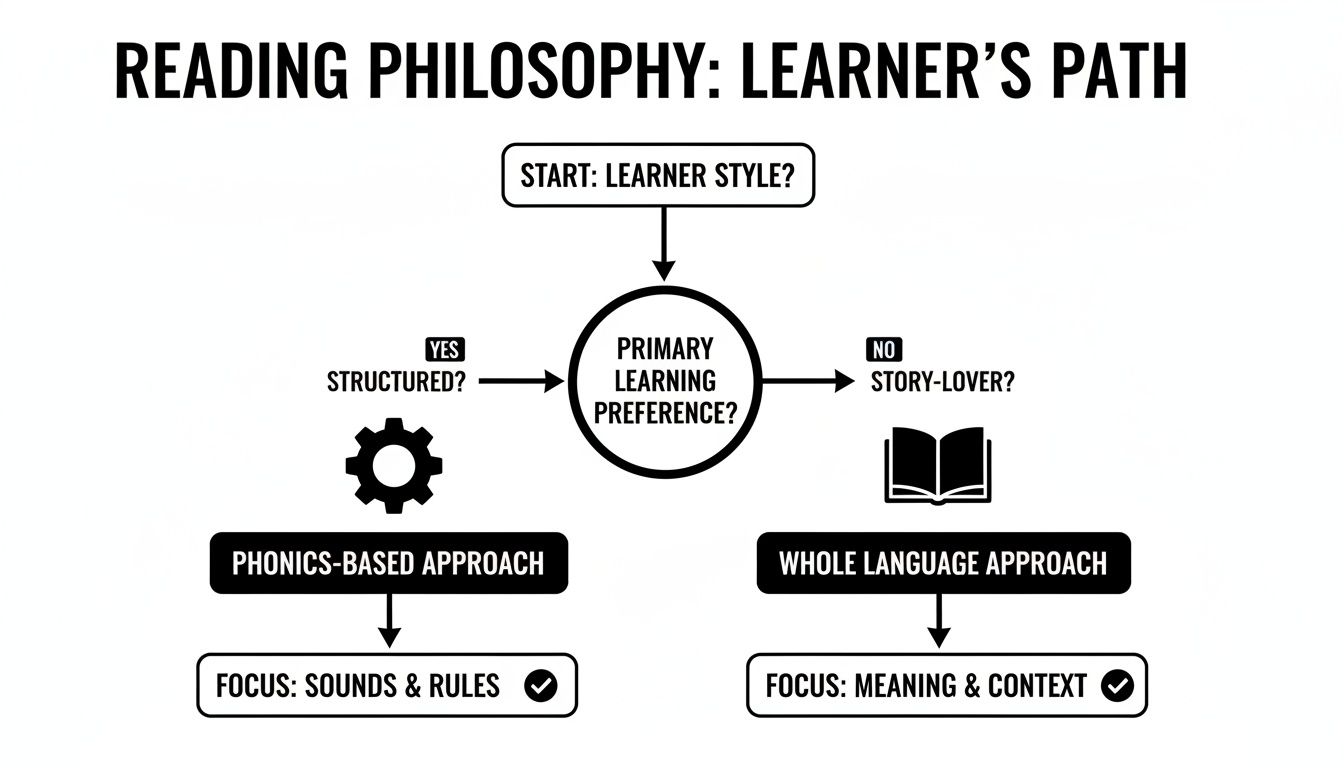 Flowchart showing reading philosophy for learners, contrasting phonics-based and whole language approaches based on learning preference.