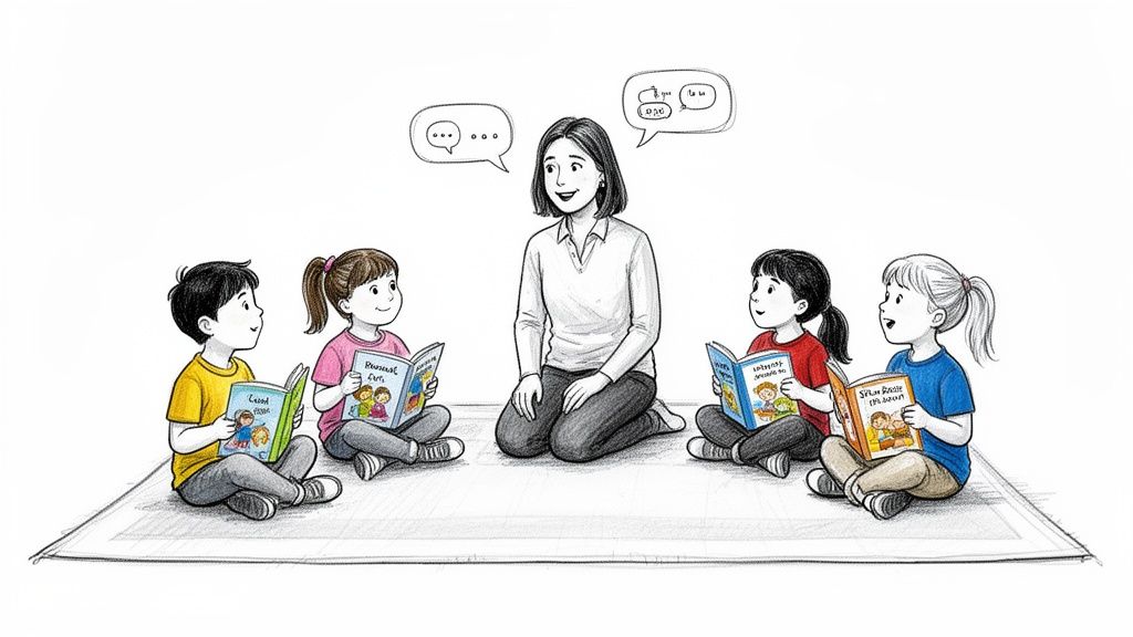 A teacher and four young children sit on a rug, happily engaged in a reading activity.