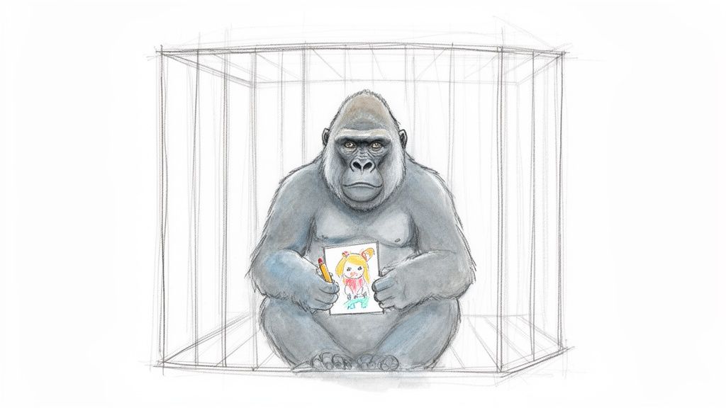 A gorilla sits sadly in a sketched cage, holding a drawing of a blonde anime girl.