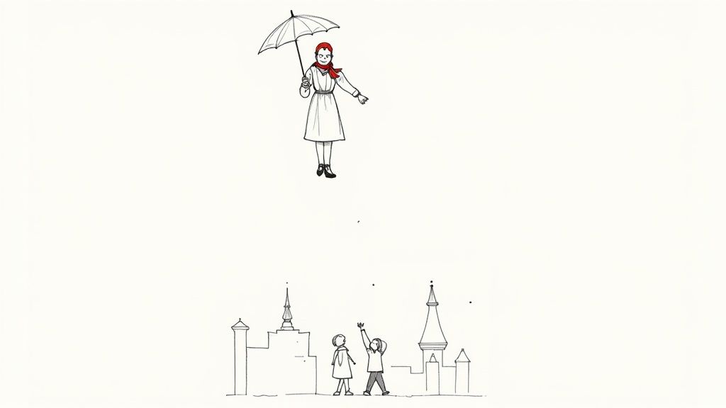 A stylized depiction of Mary Poppins flying over a whimsical city skyline with her umbrella