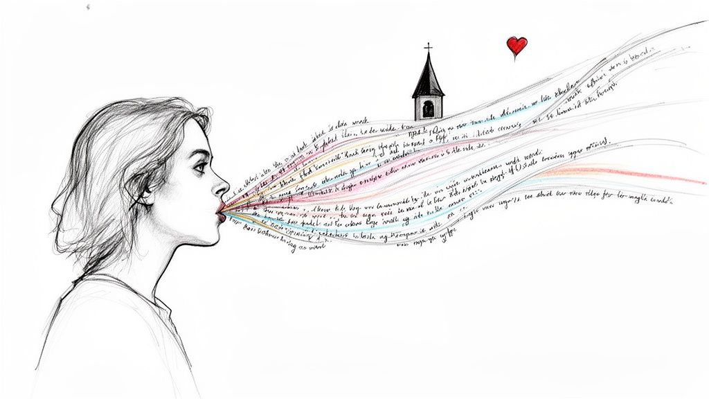 Pencil sketch of a woman speaking, colorful text streams leading to a church and red heart.