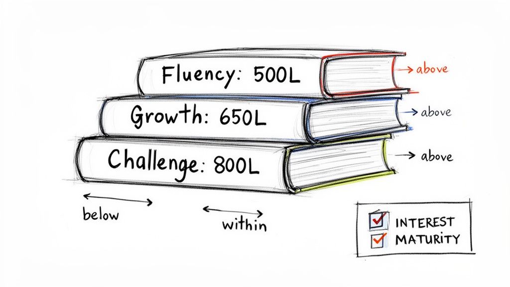 Hand-drawn chart illustrating reading Lexile levels: Fluency, Growth, and Challenge, with interest and maturity.
